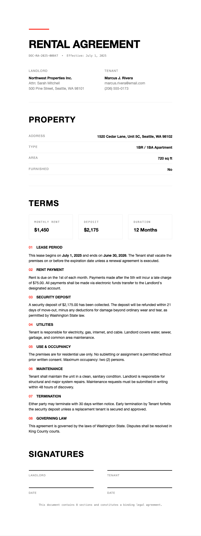 Modern minimalist rental agreement